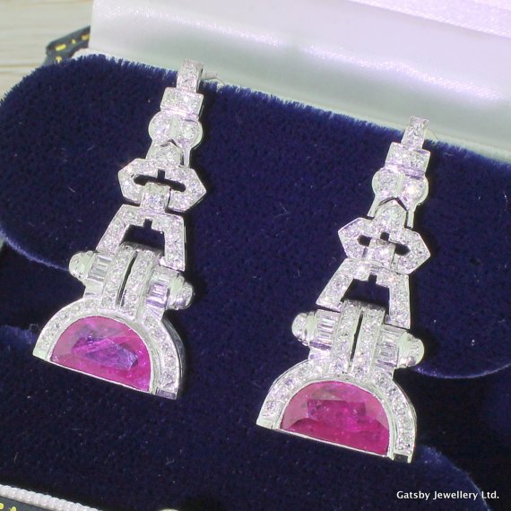 art deco 600 carat half moon ruby 038 diamond drop earrings circa 1930