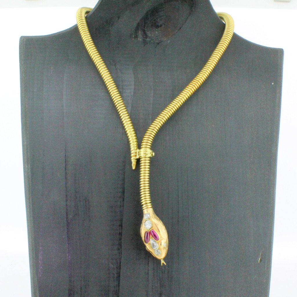 victorian cabochon ruby 038 old cut diamond snake necklace circa 1860