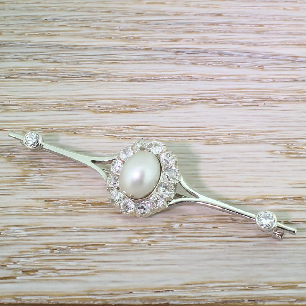art deco natural pearl 038 360 carat old cut diamond pin brooch circa 1920