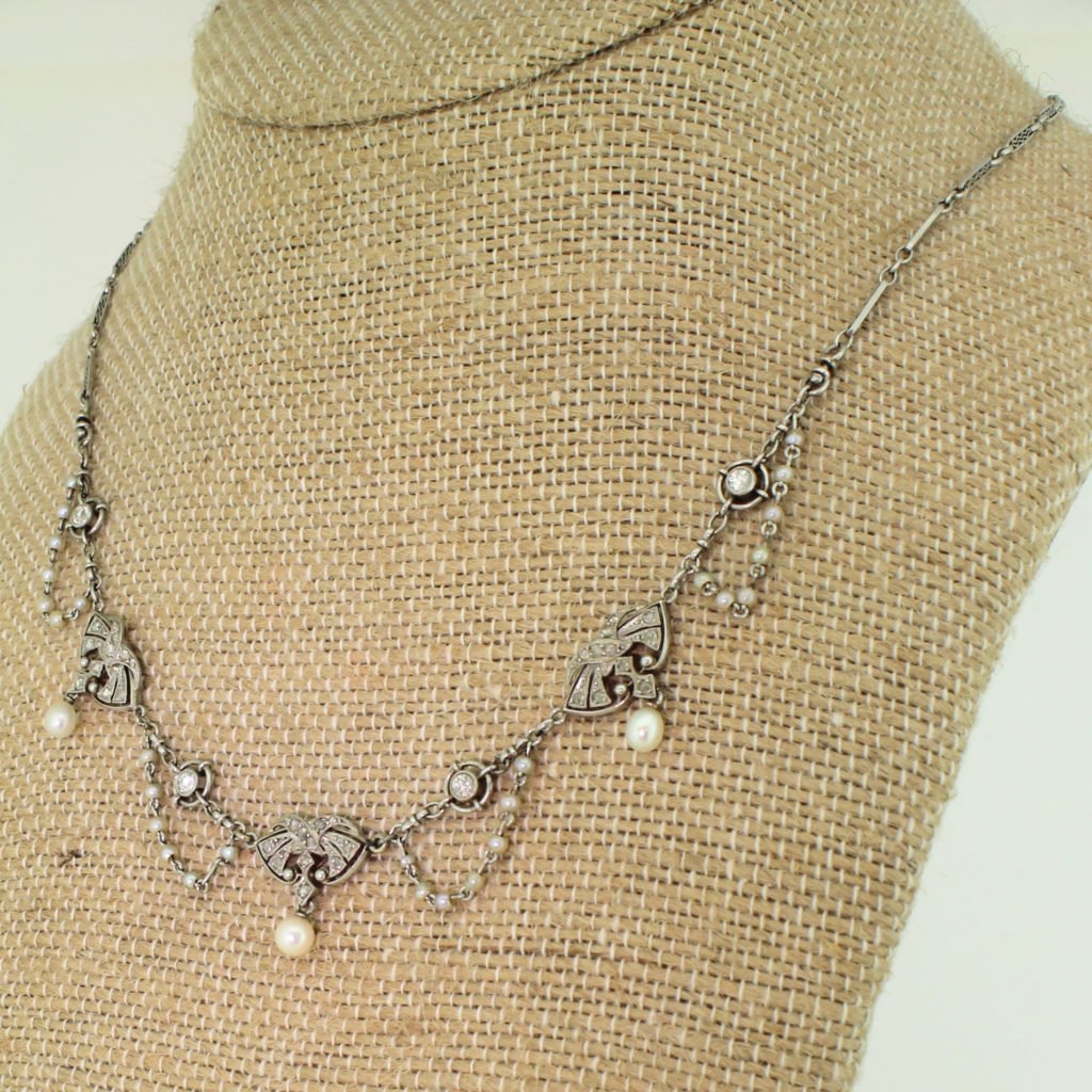 early 20th century natural pearl 038 diamond platinum necklace french circa 1915