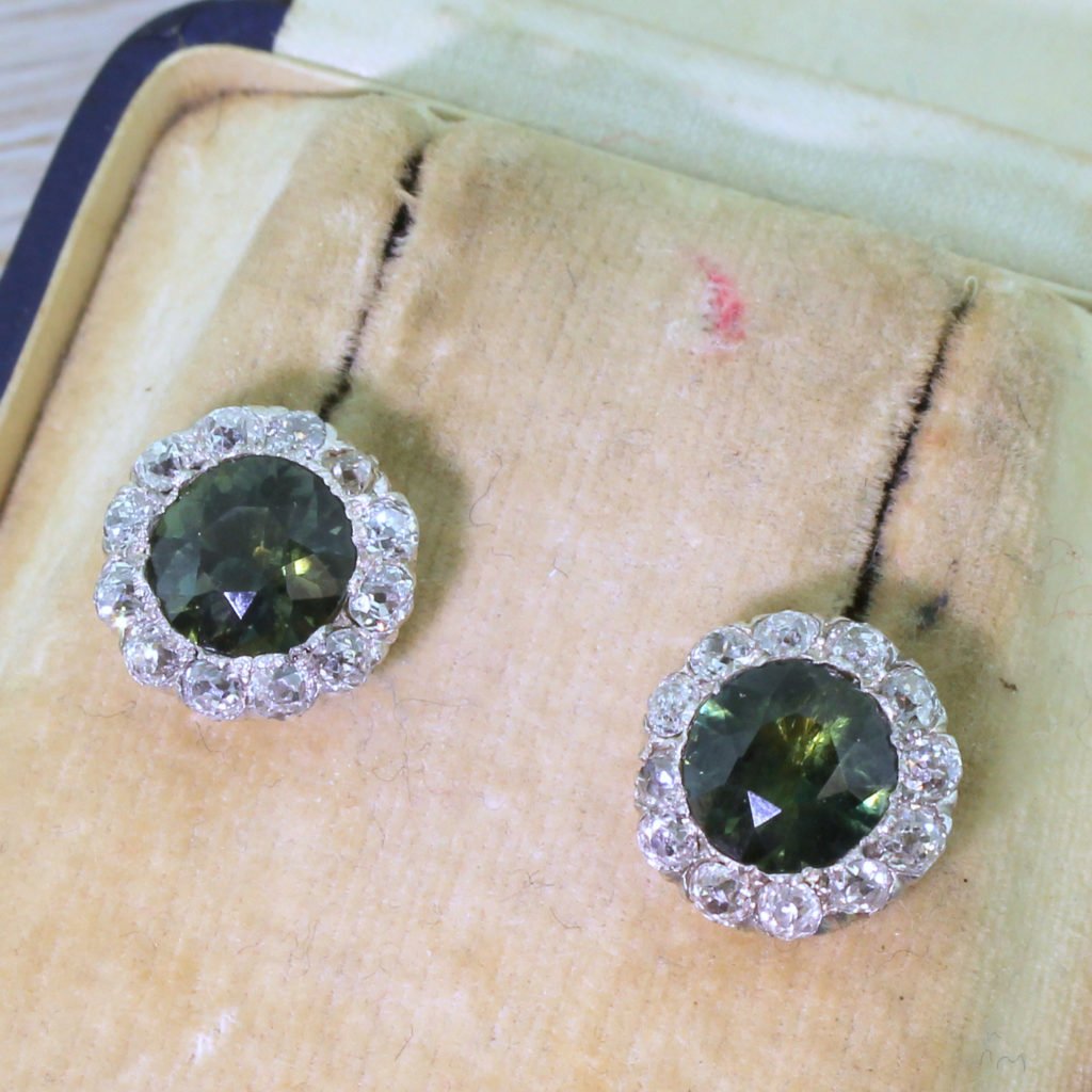 victorian 472 carat natural green sapphire 038 diamond cluster earrings circa 1900
