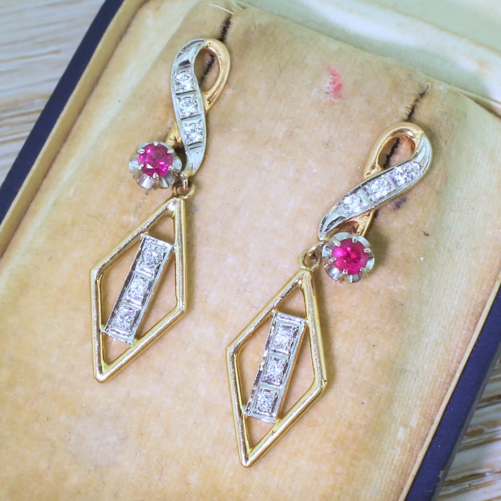 mid century ruby amp diamond drop earrings circa 1960