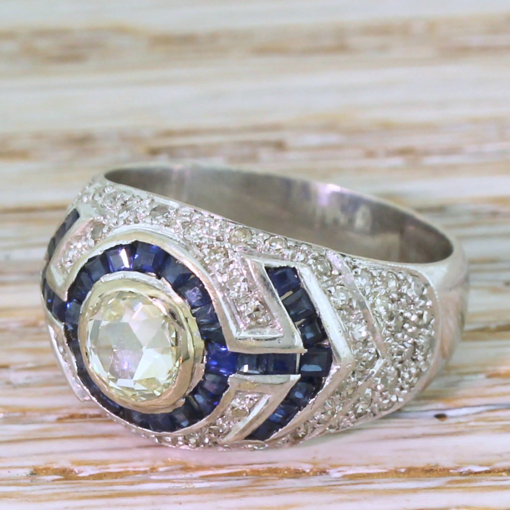 mid century 079 carat rose cut diamond 038 sapphire ring circa 1965