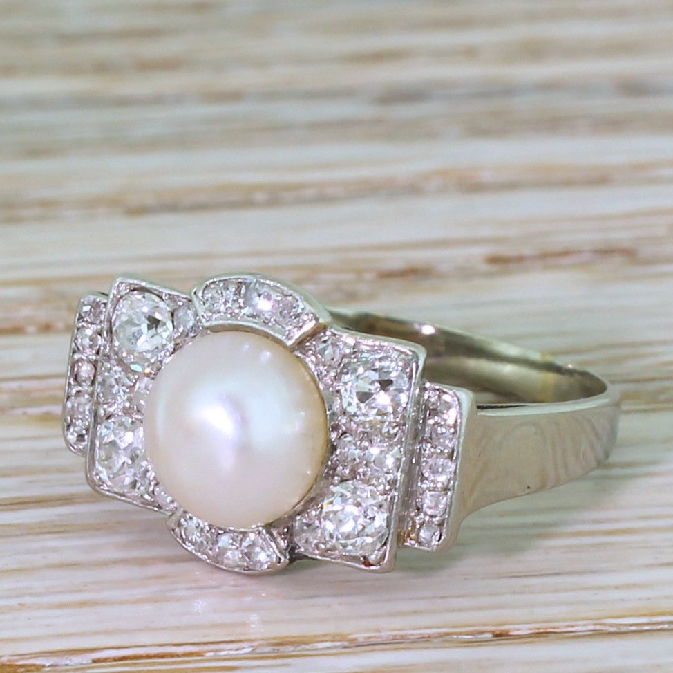 retro natural pearl 038 118 carat old cut diamond cluster ring circa 1950