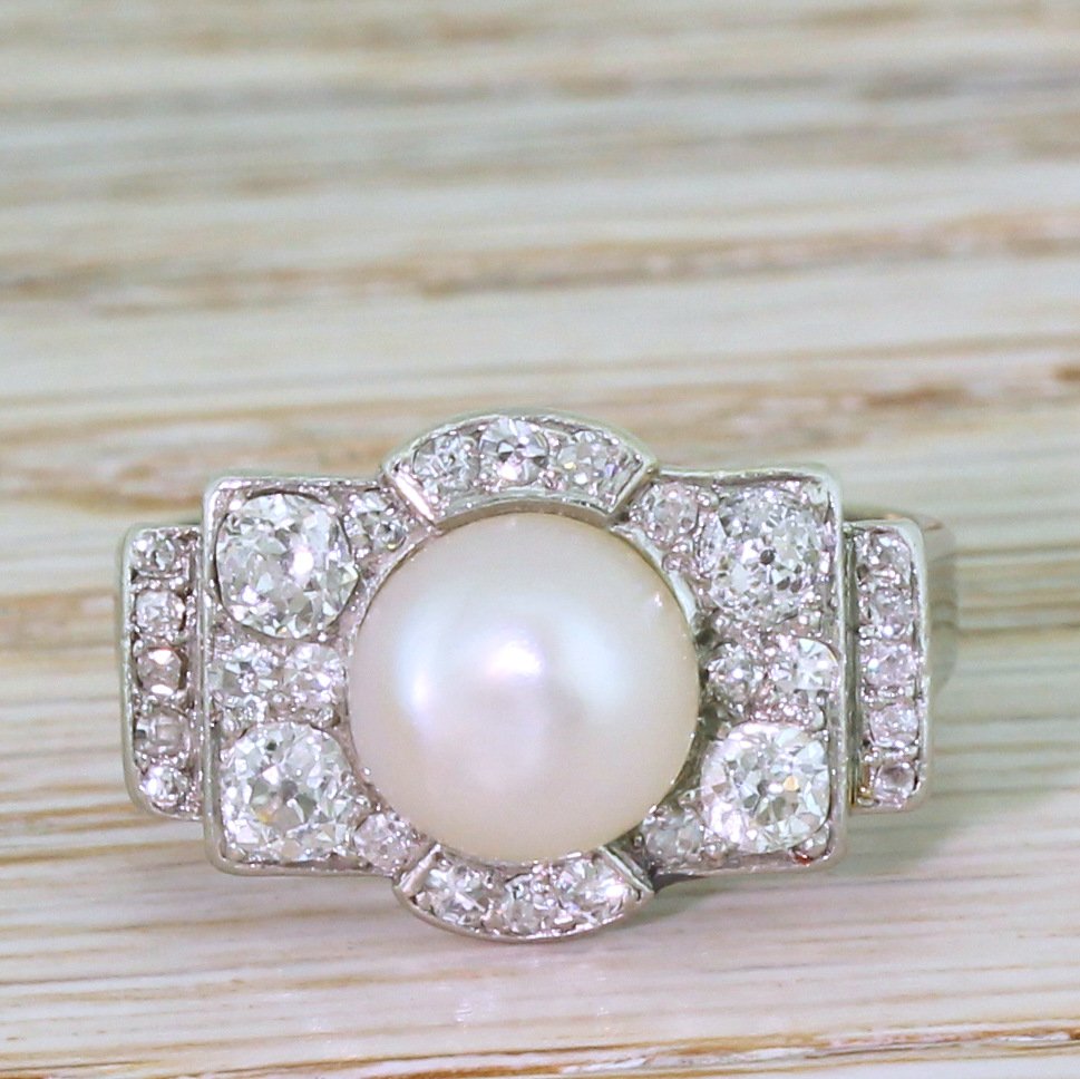 Retro Natural Pearl & 1.18 Carat Old Cut Diamond Cluster Ring, circa ...