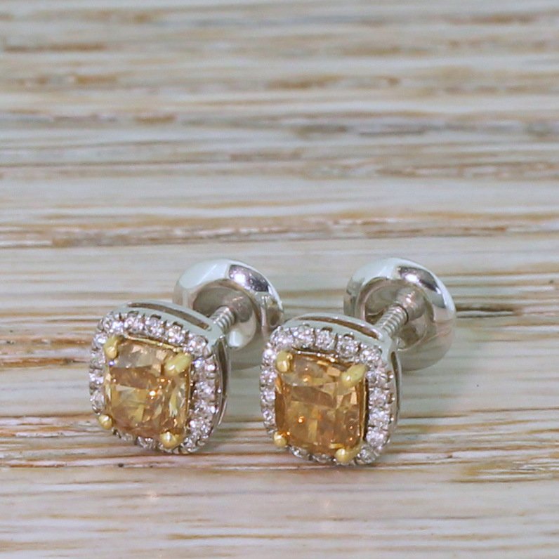 139 carat fancy vivid yellowish brown diamond cluster earrings 18k white gold