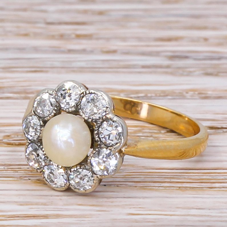 victorian natural pearl 038 old cut diamond cluster ring circa 1900