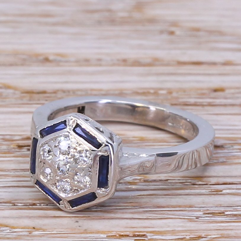 mid century diamond 038 sapphire cluster ring on 14k superfit shank