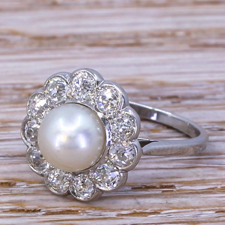 art deco natural pearl 038 088 carat old cut diamond cluster ring circa 1925