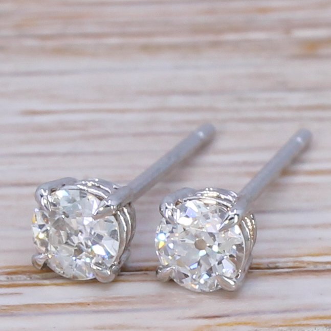 053 carat old cut diamond stud earrings 18k white gold