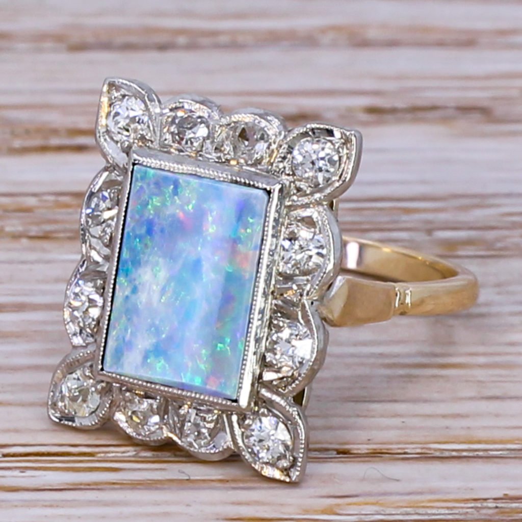 art deco opal doublet 038 old cut diamond cluster ring circa 1920